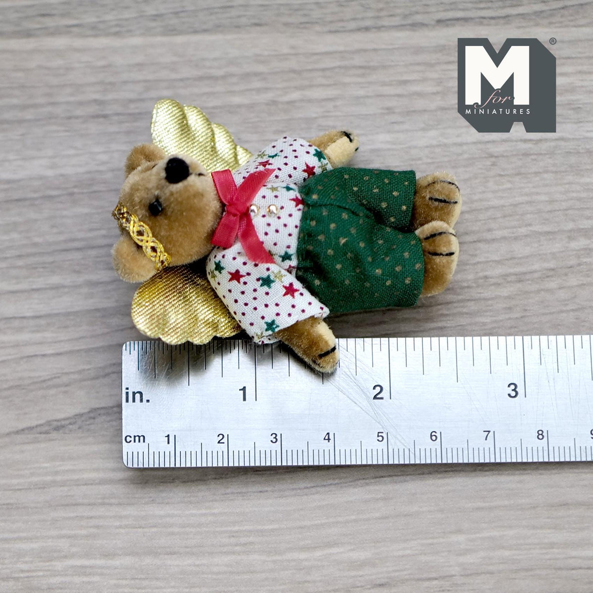 1:12 Scale Miniature Plush Bear with Golden Angel Wings, Movable Limbs, 2-1/2 inch tall, DIY Dollhouse Supply