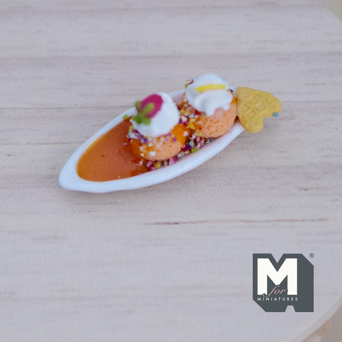 1:12 Scale Miniature Green Tea Ice Cream Sundae on Oval Plate, 1-1/2 inch long, DIY Dollhouse Supply