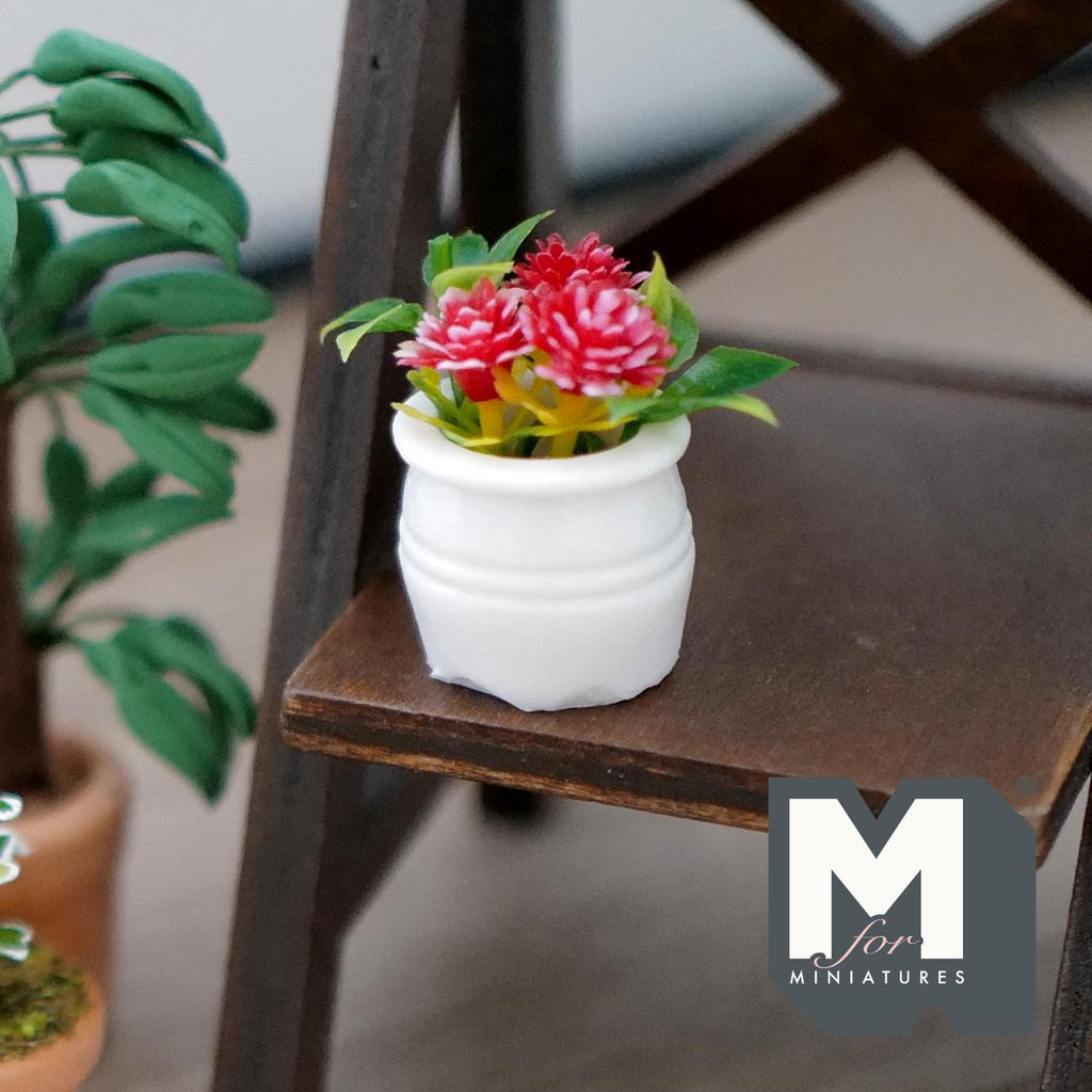 1:12 scale miniature potted flowering plant with red blooms and green leaves in a round white pot, shown on a dark wood shelf