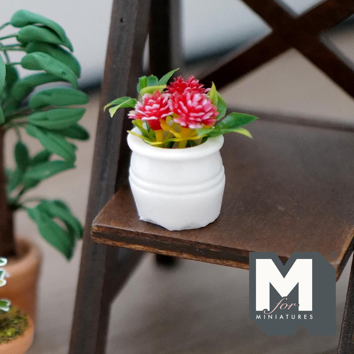 1:12 Scale Miniature Potted Flowering Plant, Round Pot, 1-1/8 inch tall, DIY Dollhouse Supply (red)
