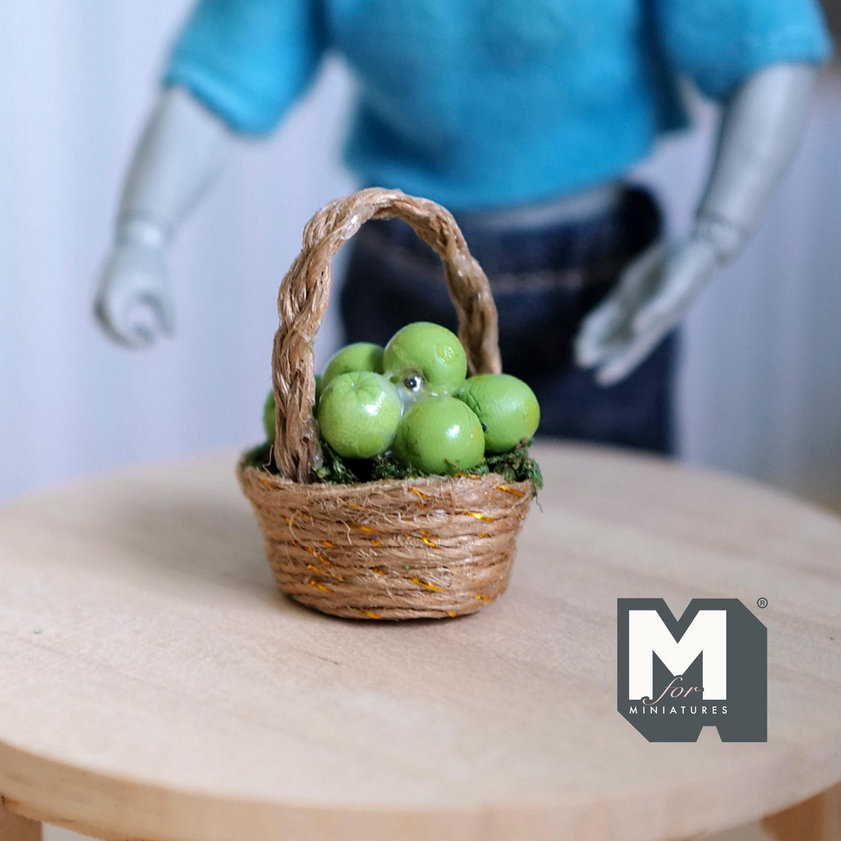 1:12 Scale Miniature Wicker Basket of Green Apples, Arched Handle, 1-3/8 inch tall, DIY Dollhouse Supply