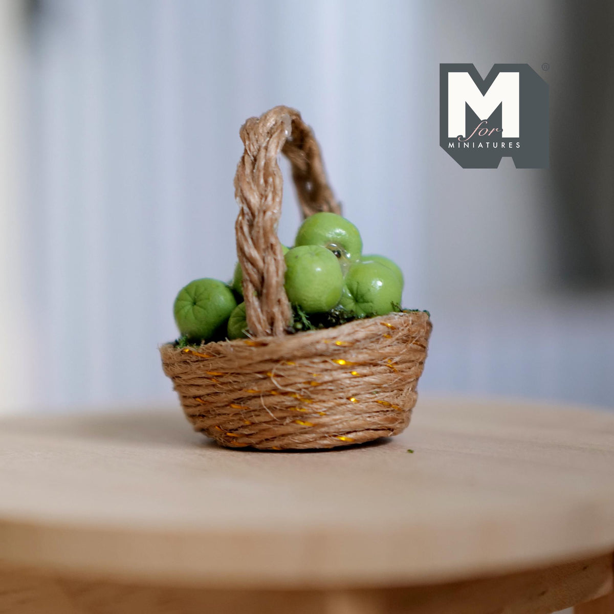 1:12 Scale Miniature Wicker Basket of Green Apples, Arched Handle, 1-3/8 inch tall, DIY Dollhouse Supply