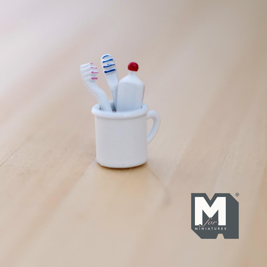 1:12 Scale Miniature Rinse Cup with Toothbrushes and Toothpaste, Set of 4, 3/4 inch long, DIY Dollhouse Supply (white)