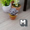 1:12 scale miniature purple rosette succulent plant in a terracotta pot, shown on a wood floor near other potted plants
