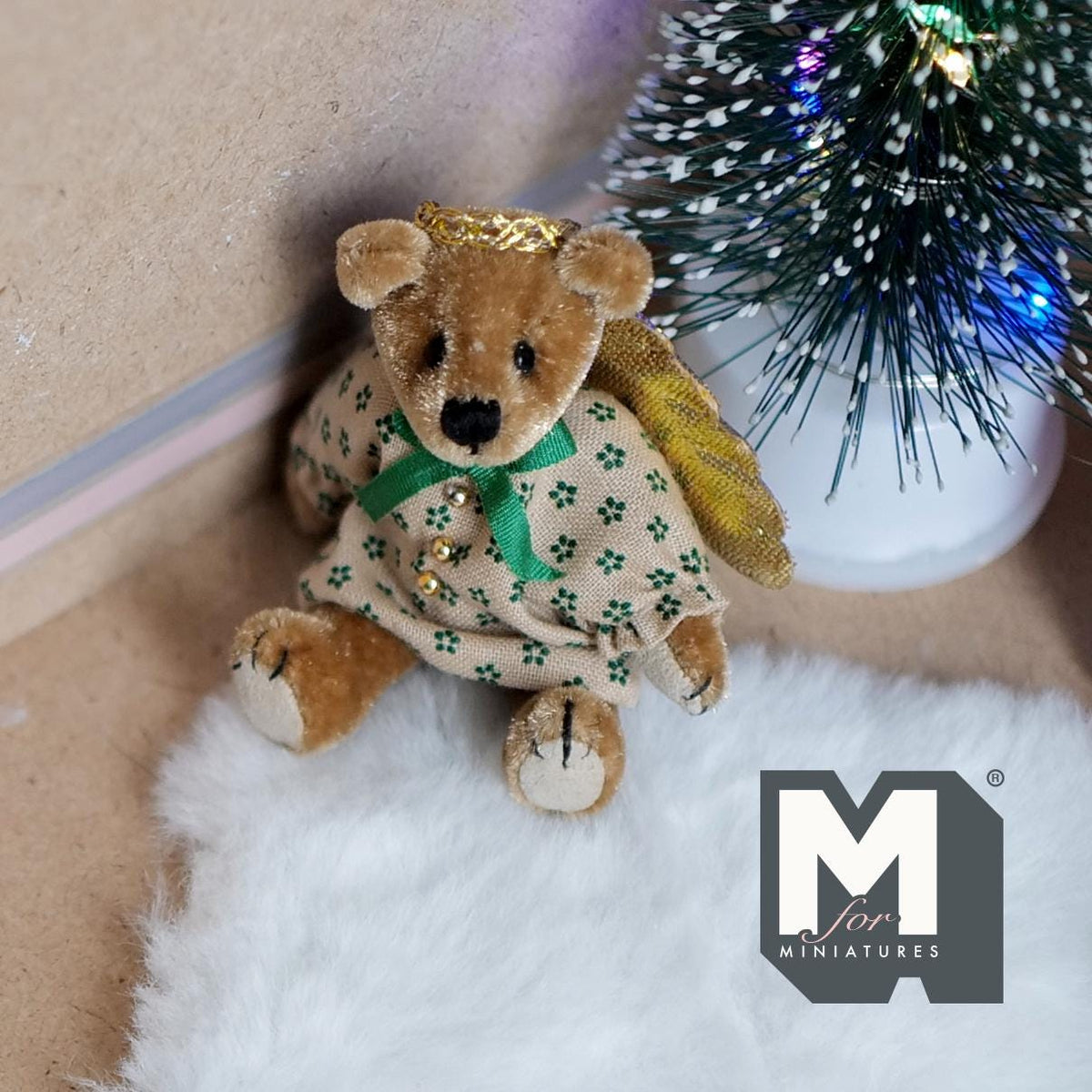 1:12 Scale Miniature Plush Angel Bear, Floral Dress and Gold Wings, 2-1/2 inch tall, DIY Dollhouse Supply