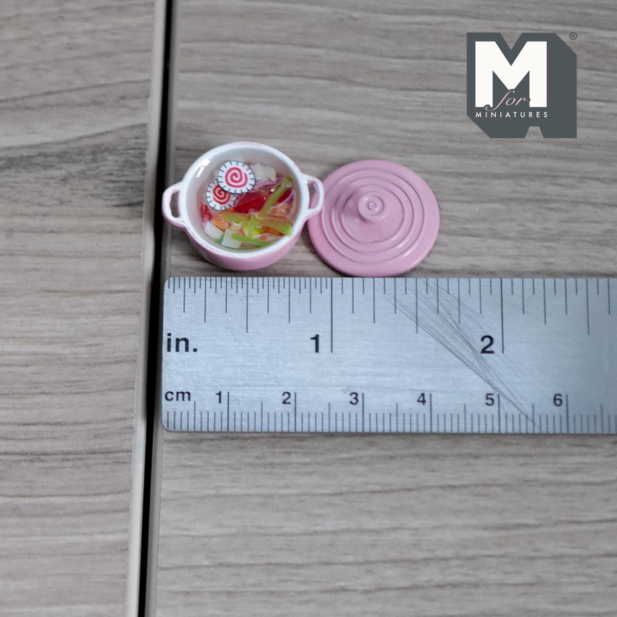 1:12 Scale Miniature Vegetable Soup in Metal Pot with Lid, 3/4 inch dia., DIY Dollhouse Supply (pink)