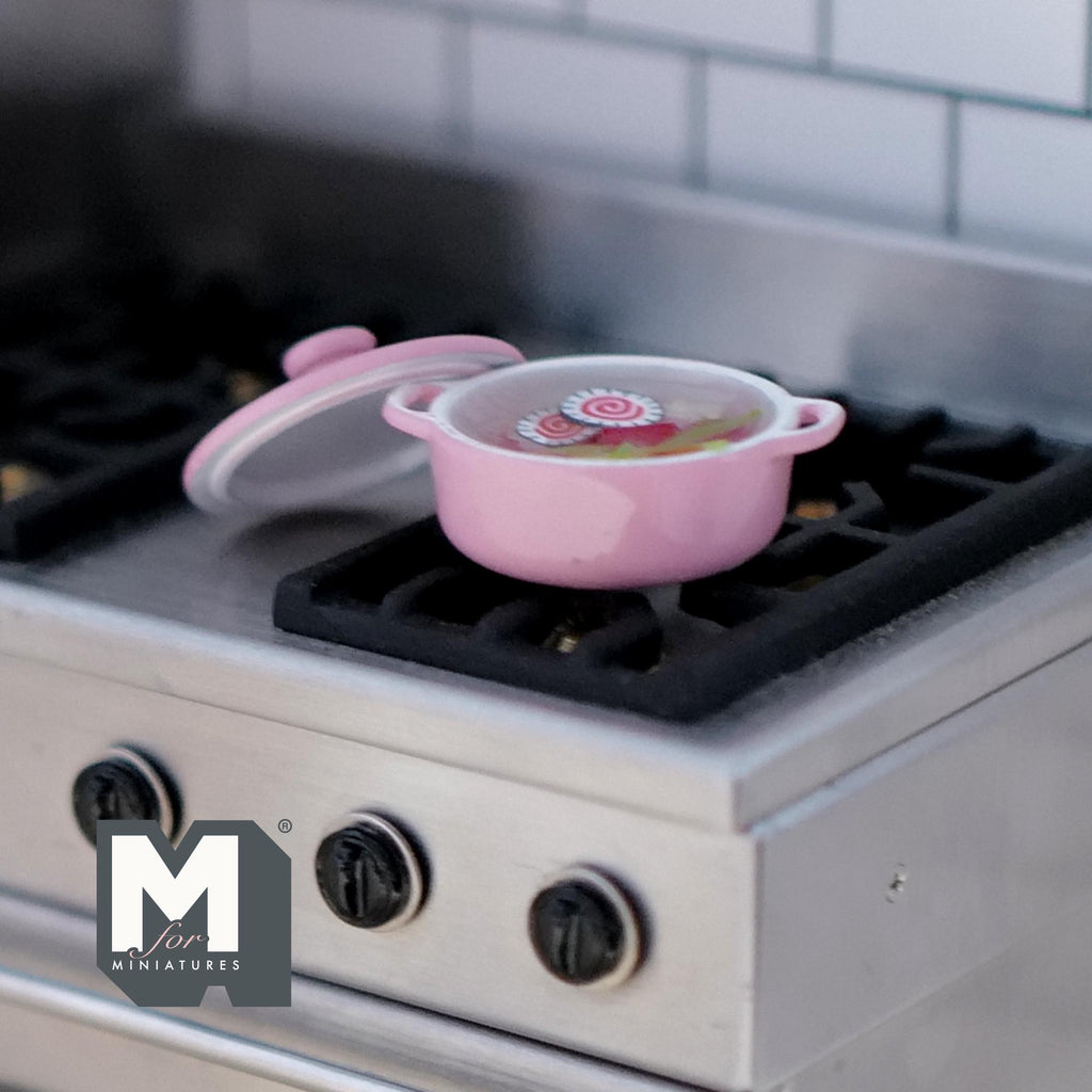 1:12 Scale Miniature Vegetable Soup in Metal Pot with Lid, 3/4 inch dia., DIY Dollhouse Supply (pink)