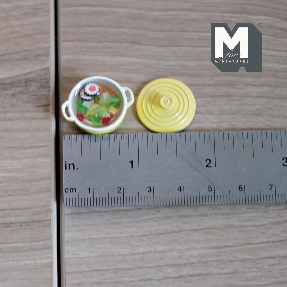 1:12 Scale Miniature Vegetable Soup in Metal Pot with Lid, 3/4 inch dia., DIY Dollhouse Supply (yellow)