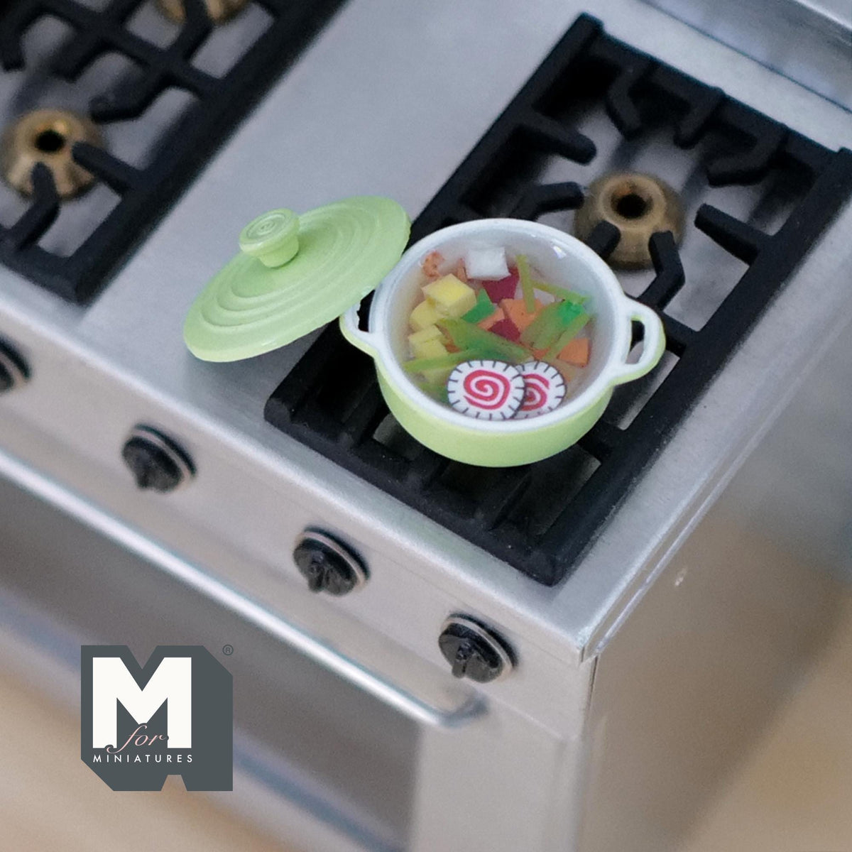 1:12 Scale Miniature Vegetable Soup in Metal Pot with Lid, 3/4 inch dia., DIY Dollhouse Supply (green)