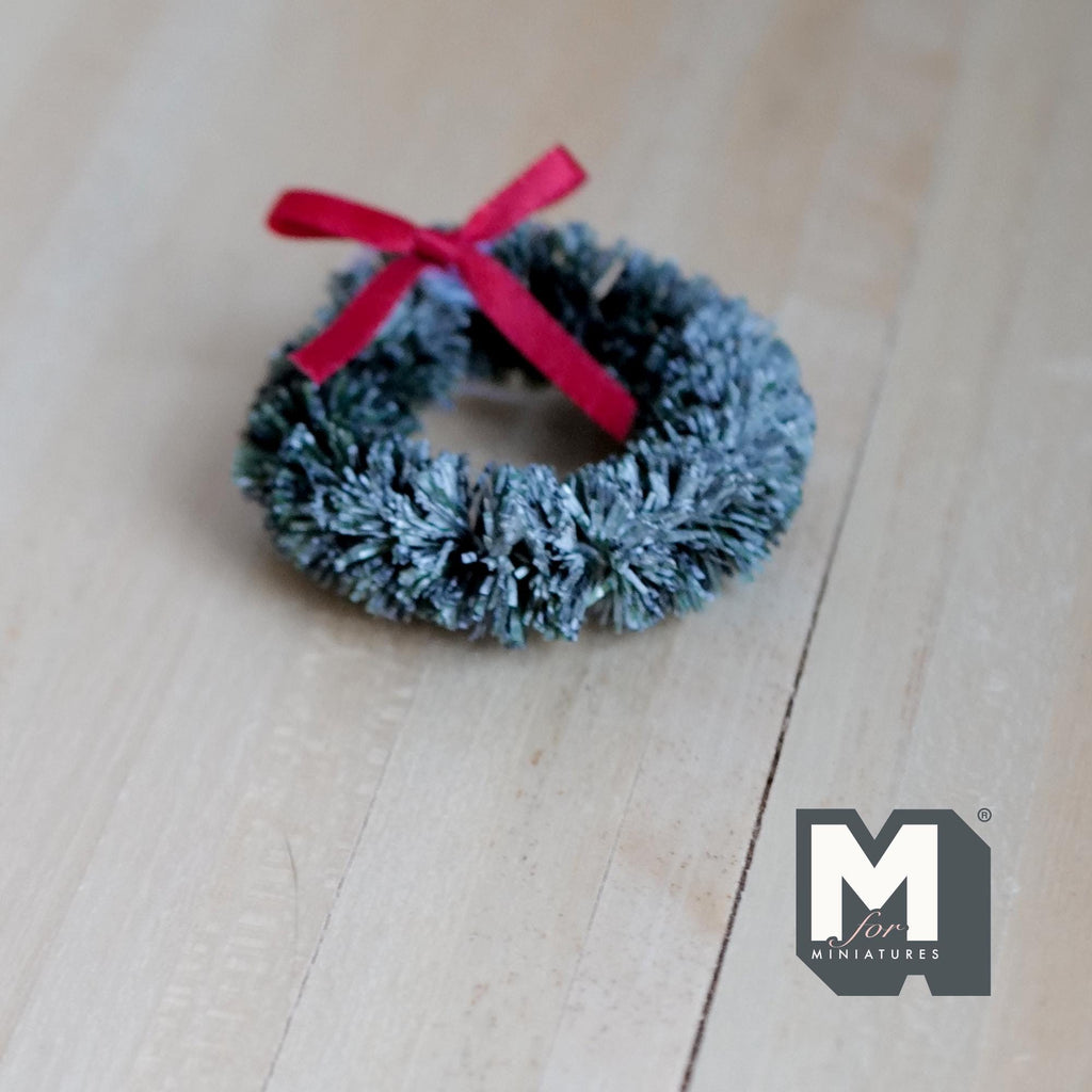 1:12 Scale Miniature Christmas Wreath with Red Bow, Frosted Bottle Brush, 1-11/16 inch dia., DIY Dollhouse Supply