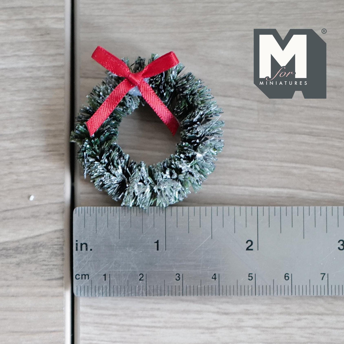 1:12 Scale Miniature Christmas Wreath with Red Bow, Frosted Bottle Brush, 1-11/16 inch dia., DIY Dollhouse Supply