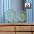 1:12 Scale Miniature Metal Embossed Floral Decorative Plates with Stands, Set of 2, 1-7/16 inch tall, DIY Dollhouse Supply (olive green)