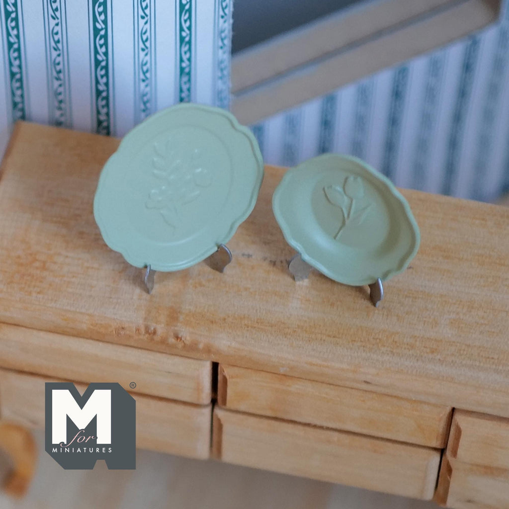 1:12 Scale Miniature Metal Embossed Floral Decorative Plates with Stands, Set of 2, 1-7/16 inch tall, DIY Dollhouse Supply (olive green)