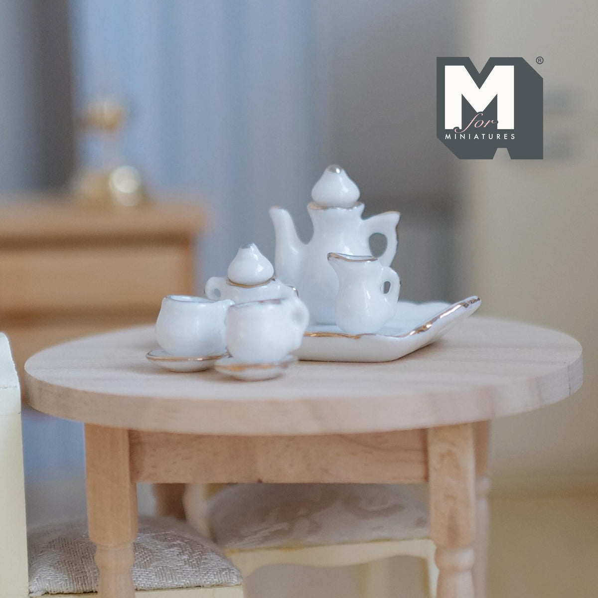 1:12 Scale Miniature Ceramic Tea Set with Gold Trim, Set of 8, DIY Dollhouse Supply (white)