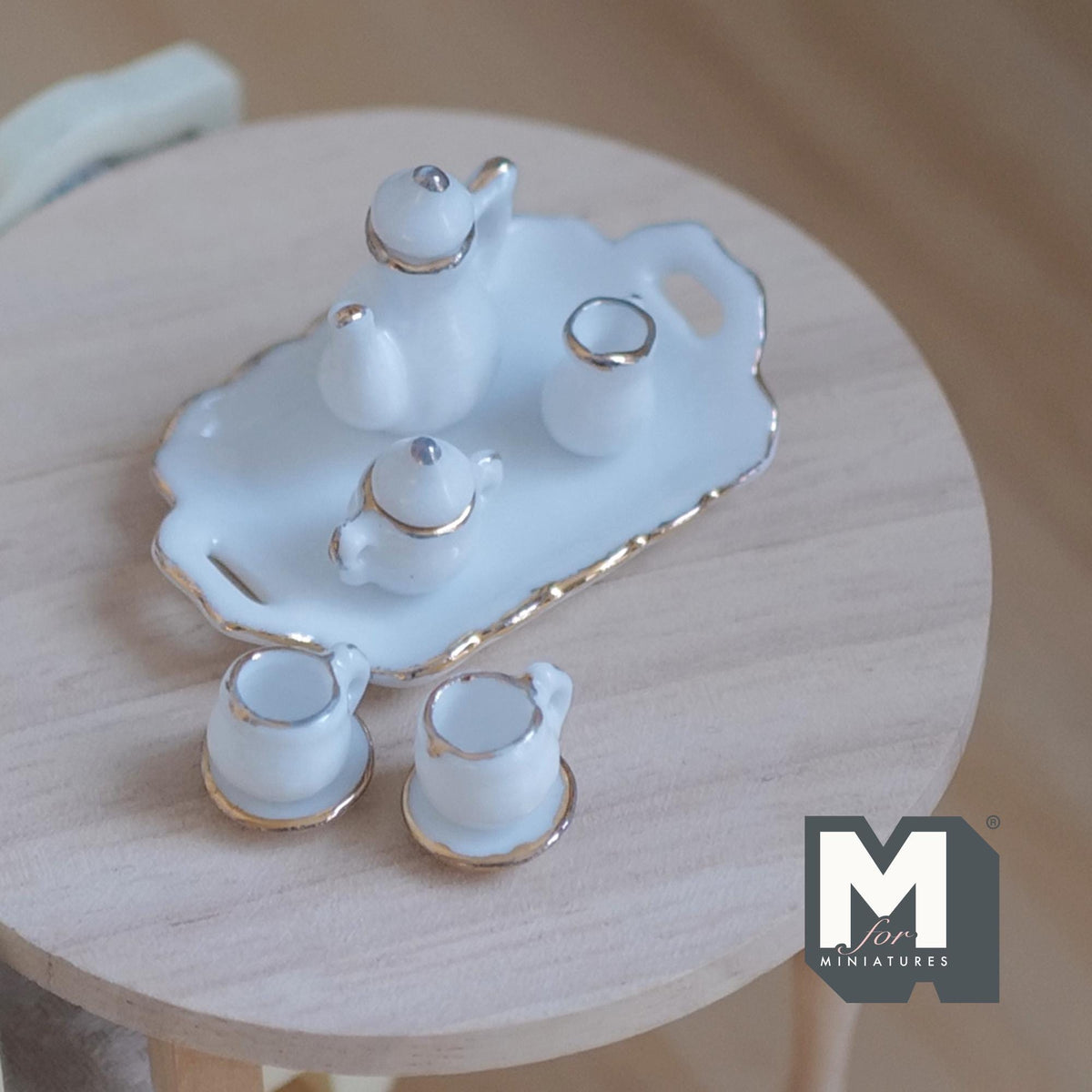 1:12 Scale Miniature Ceramic Tea Set with Gold Trim, Set of 8, DIY Dollhouse Supply (white)