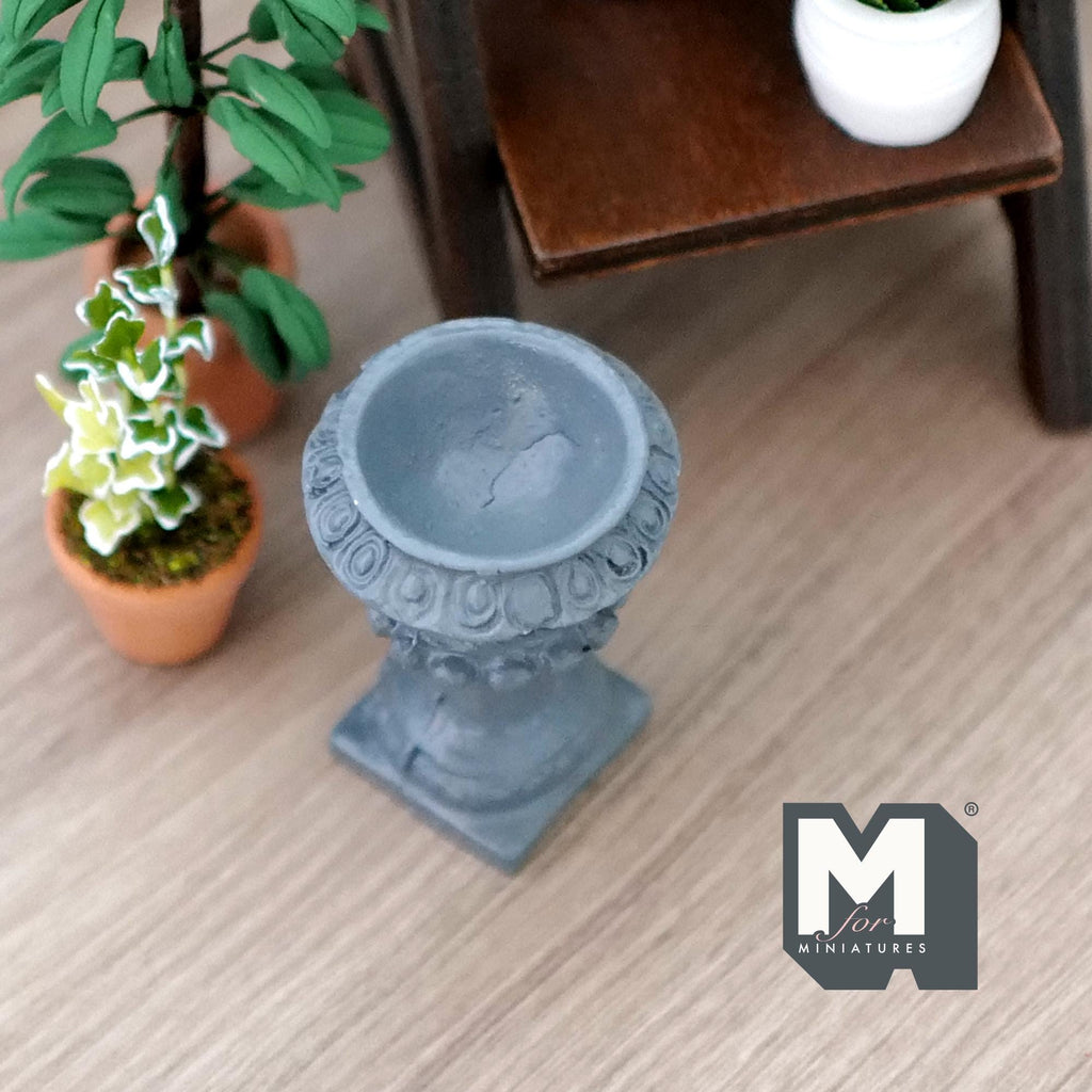 1:12 Scale Miniature Roman Style Pedestal Urn Vase, Fluted Sides, 1-7/8 inch tall, DIY Dollhouse Supply (cast resin) (gray)
