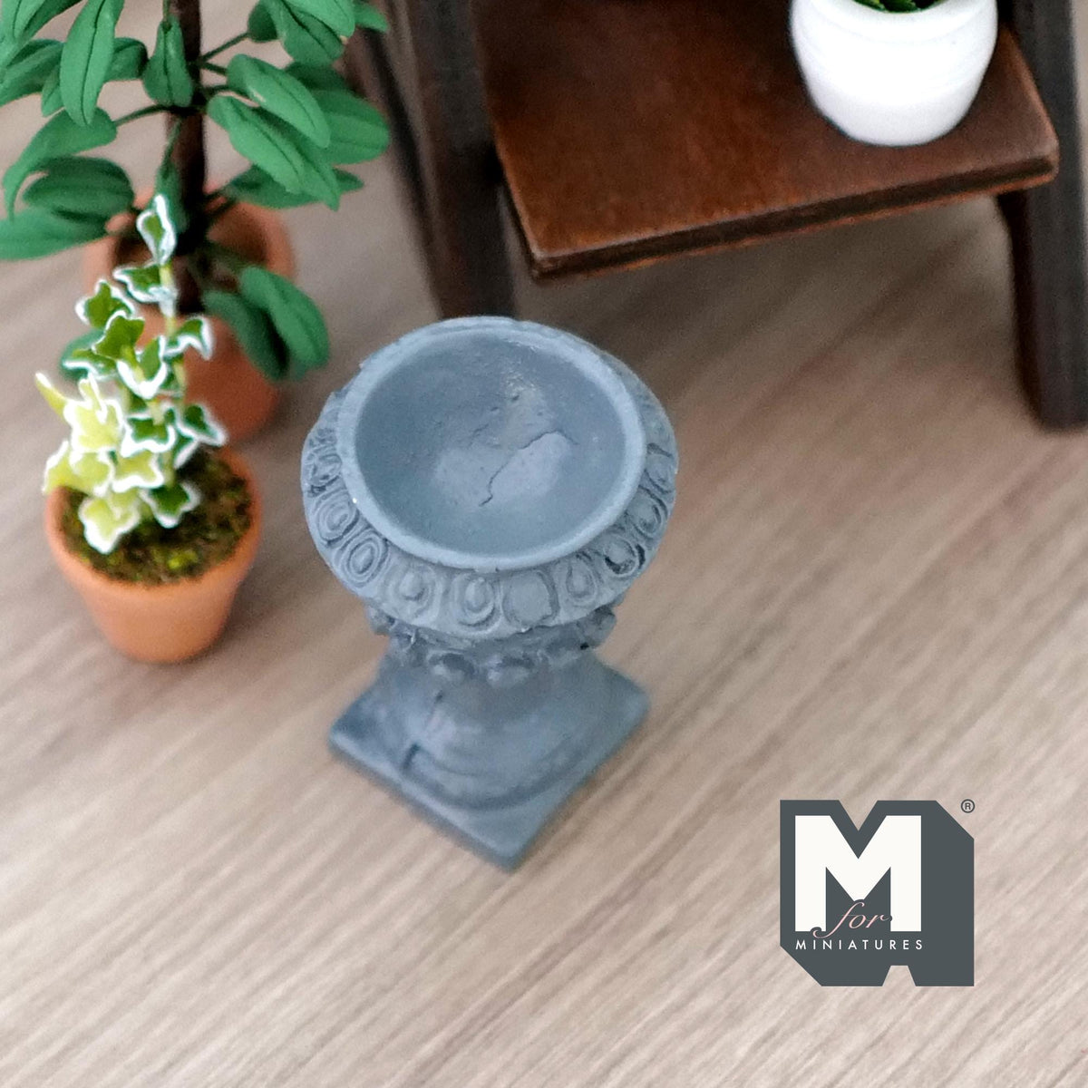 1:12 Scale Miniature Roman Style Pedestal Urn Vase, Fluted Sides, 1-7/8 inch tall, DIY Dollhouse Supply (cast resin) (gray)
