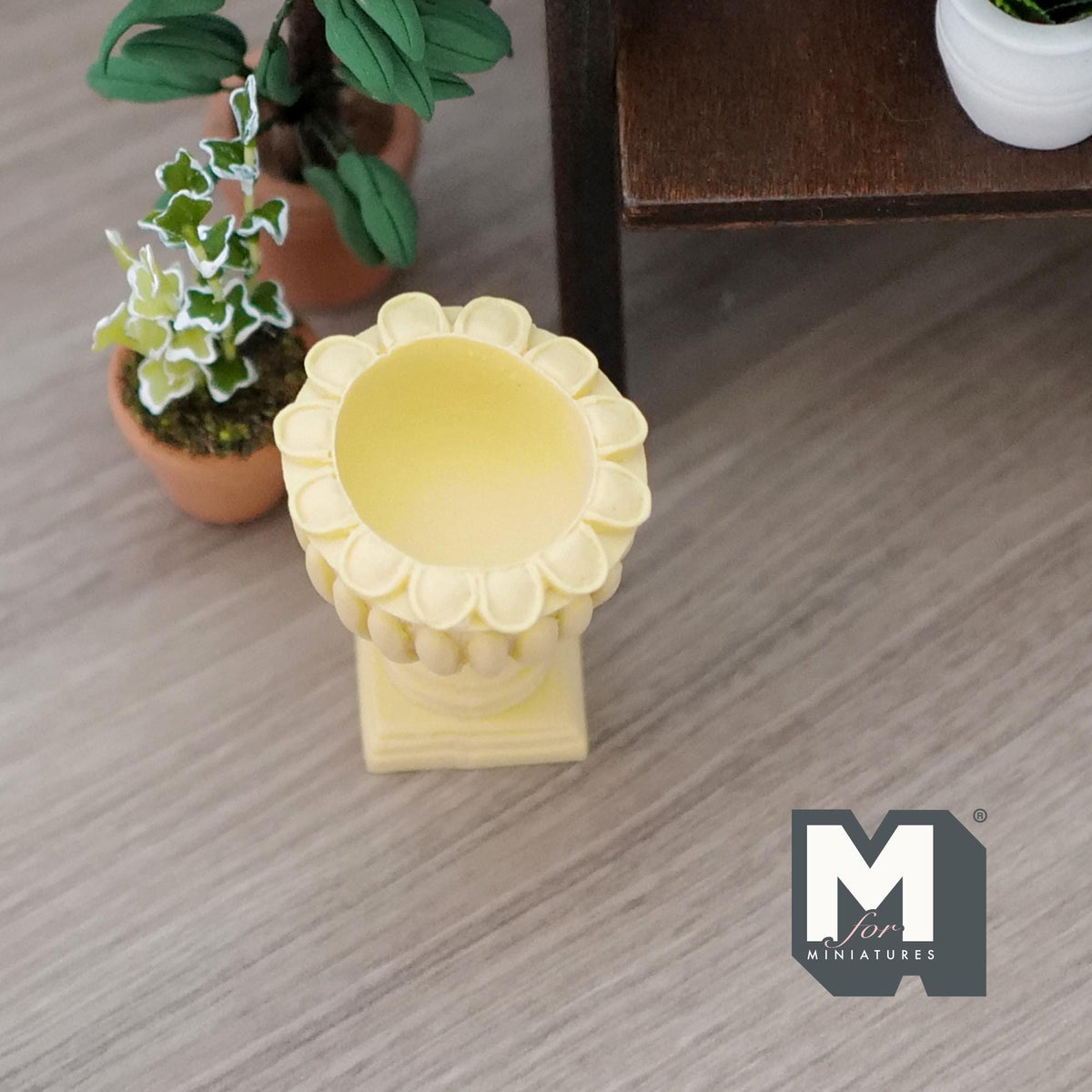 1:12 Scale Miniature Roman Style Pedestal Urn Vase, Fluted Sides, 1-9/16 inch tall, DIY Dollhouse Supply (cast resin) (yellow)