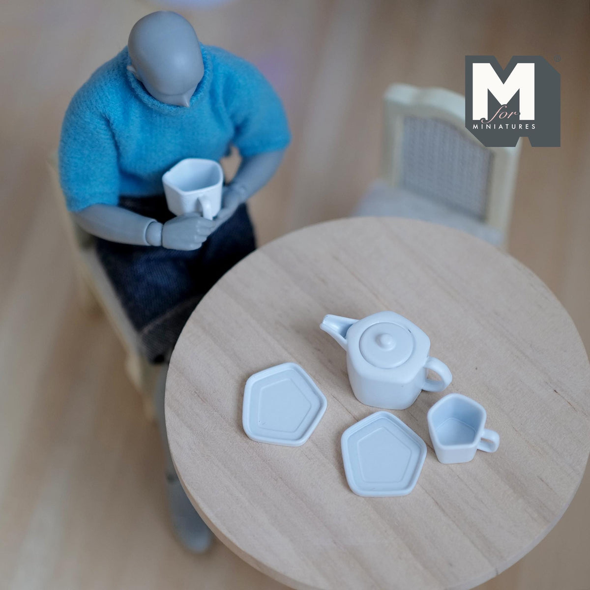1:12 Scale Miniature Metal Pentagon Teapot with Cups and Plates, Set of 5, 9/16 inch tall, DIY Dollhouse Supply (white)