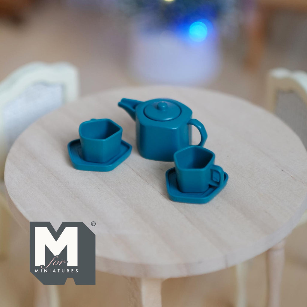 1:12 Scale Miniature Metal Pentagon Teapot with Cups and Plates, Set of 5, 9/16 inch tall, DIY Dollhouse Supply (teal)