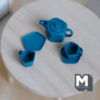 1:12 Scale Miniature Metal Pentagon Teapot with Cups and Plates, Set of 5, 9/16 inch tall, DIY Dollhouse Supply (teal)