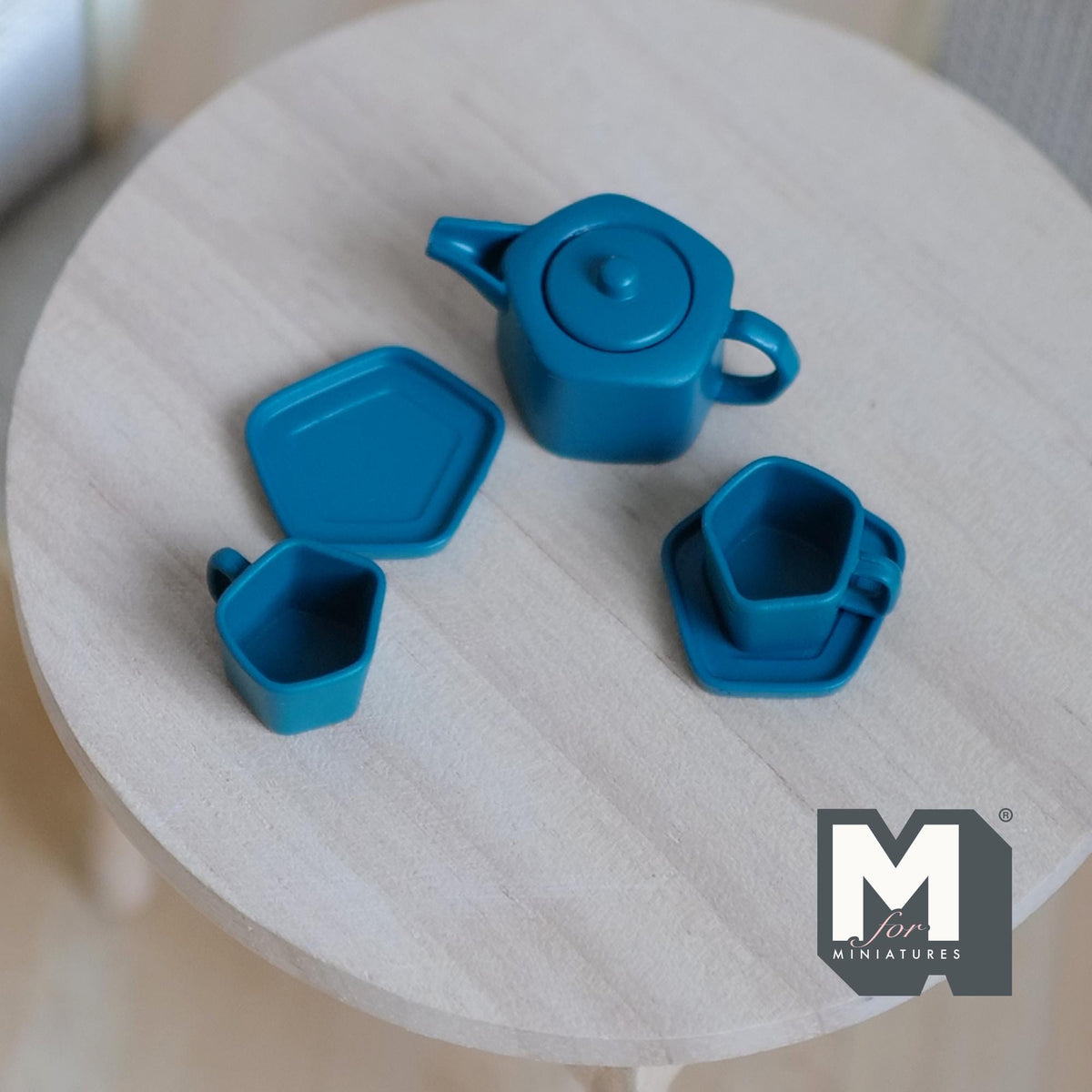 1:12 Scale Miniature Metal Pentagon Teapot with Cups and Plates, Set of 5, 9/16 inch tall, DIY Dollhouse Supply (teal)