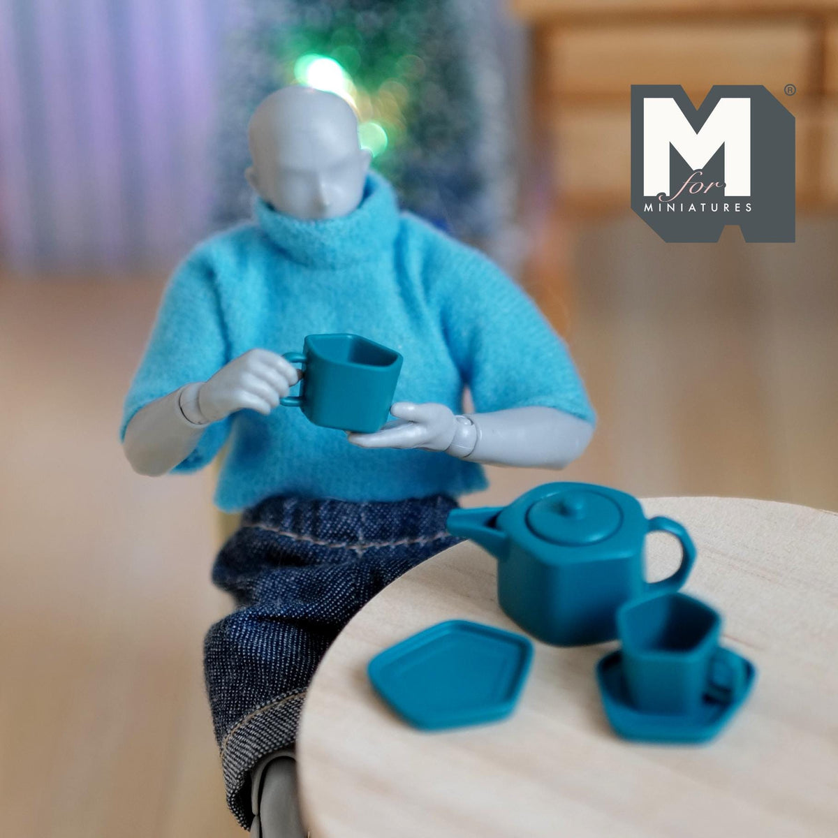 1:12 Scale Miniature Metal Pentagon Teapot with Cups and Plates, Set of 5, 9/16 inch tall, DIY Dollhouse Supply (teal)