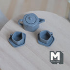 1:12 Scale Miniature Metal Pentagon Teapot with Cups and Plates, Set of 5, 9/16 inch tall, DIY Dollhouse Supply (gray)