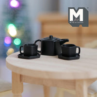 Miniature Teapot Cups and Plates 1:12 Scale Dollhouse High Tea Metal Pentagon Teapot Set of 5 , 9/16 inch high (black) - D046