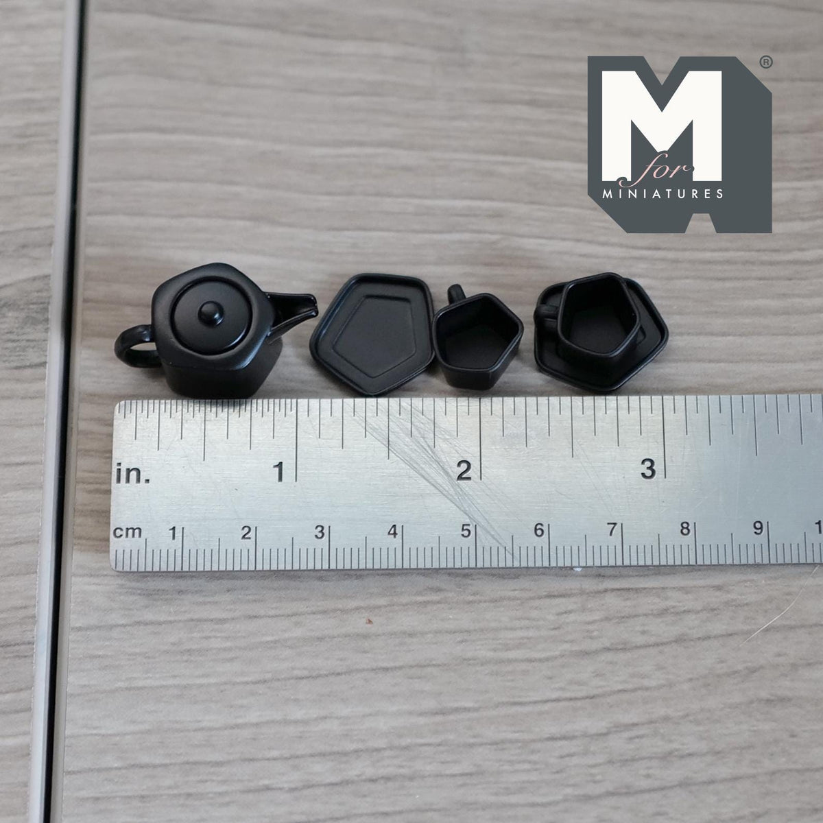 1:12 Scale Miniature Metal Pentagon Teapot with Cups and Plates, Set of 5, 9/16 inch tall, DIY Dollhouse Supply (black)