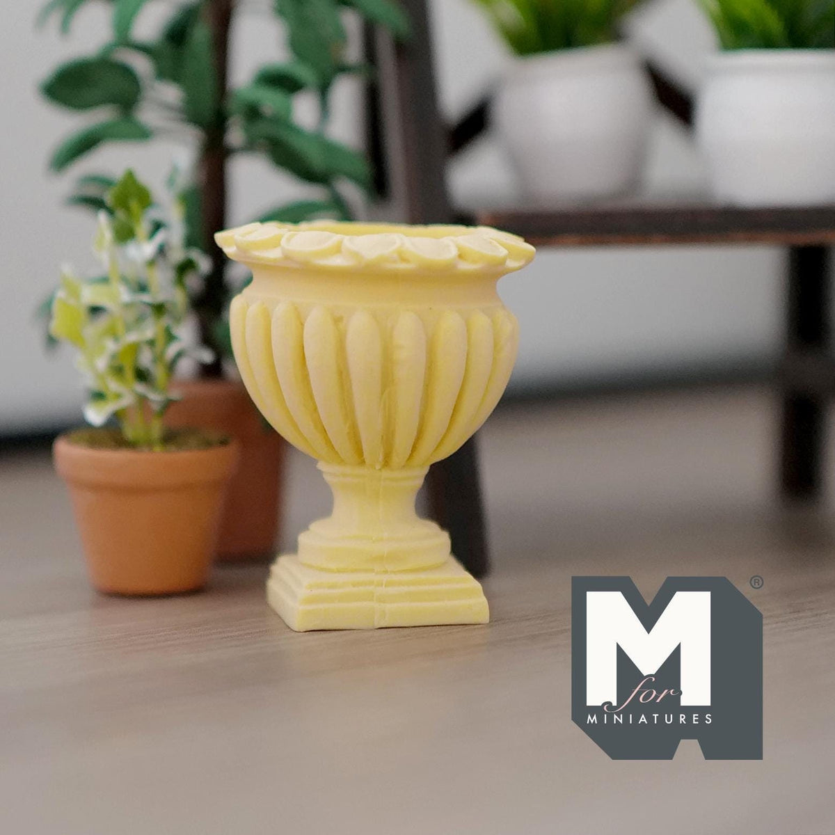 1:12 Scale Miniature Roman Style Pedestal Urn Vase, Fluted Sides, 1-9/16 inch tall, DIY Dollhouse Supply (cast resin) (yellow)