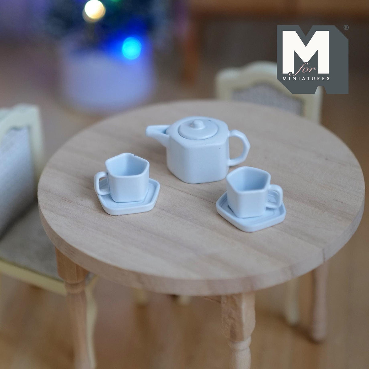 1:12 Scale Miniature Metal Pentagon Teapot with Cups and Plates, Set of 5, 9/16 inch tall, DIY Dollhouse Supply (white)
