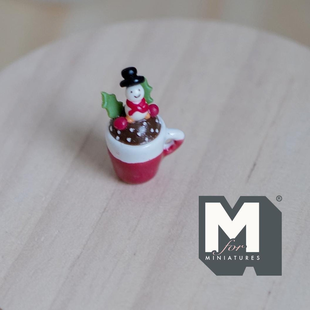 1:12 Scale Miniature Ceramic Hot Chocolate Mug with Snowman Topper, 1 inch tall, DIY Dollhouse Supply (red)