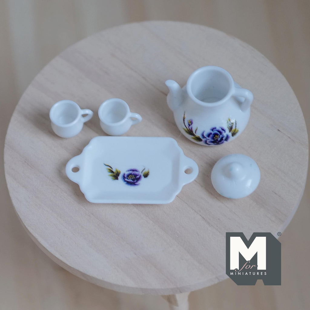 1:12 Scale Miniature Porcelain Teapot Set with Cups and Tray, Purple and Blue Floral Pattern, Set of 4, DIY Dollhouse Supply (white)