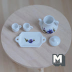 1:12 Scale Miniature Porcelain Teapot Set with Cups and Tray, Purple and Blue Floral Pattern, Set of 4, DIY Dollhouse Supply (white)