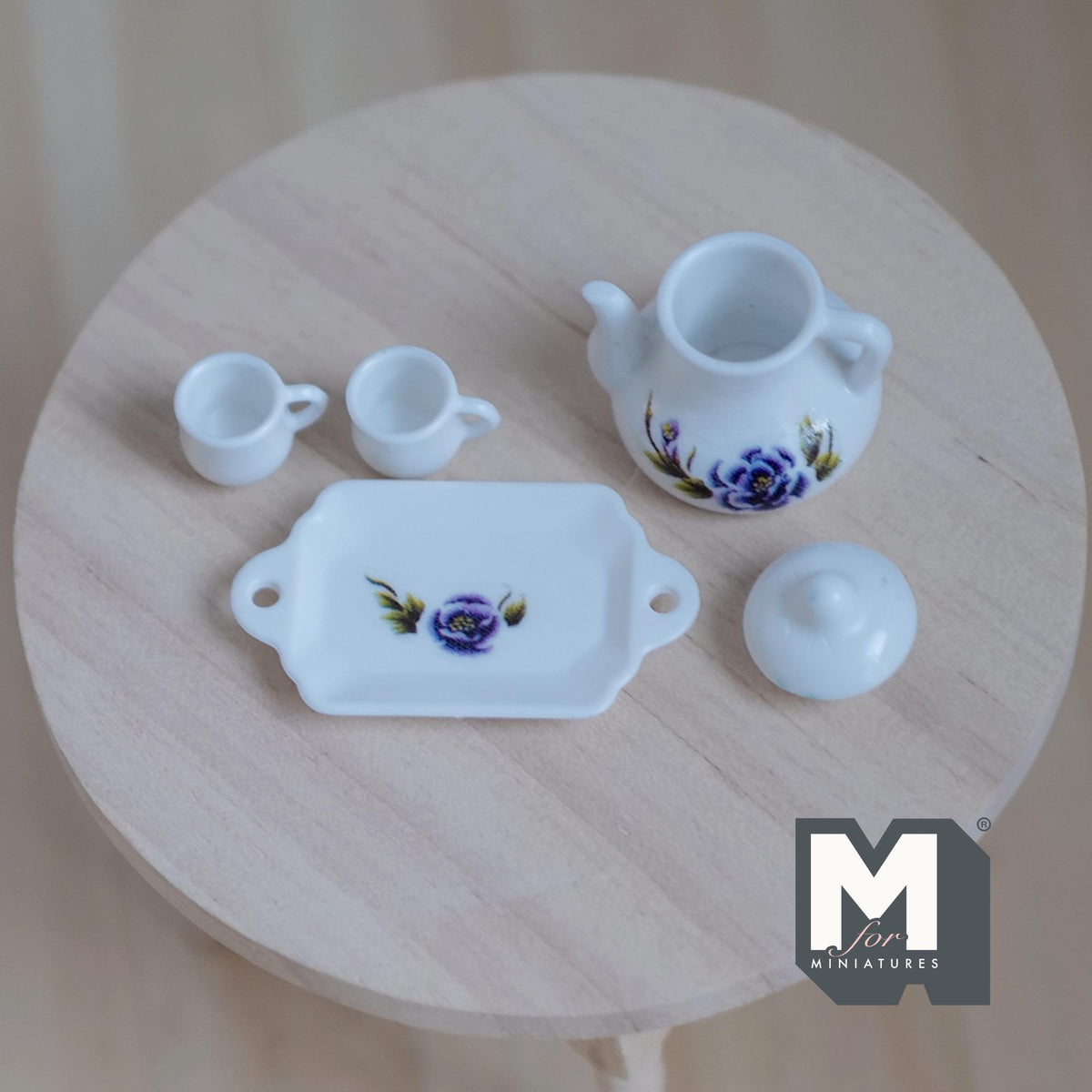 1:12 Scale Miniature Porcelain Teapot Set with Cups and Tray, Purple and Blue Floral Pattern, Set of 4, DIY Dollhouse Supply (white)