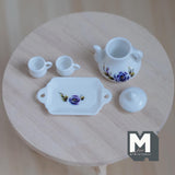 Miniature 4 Piece Teapot Set 1:12 Scale Miniature Teacups Tray and Teapot 7/8 inch dia. (plastic) - B023