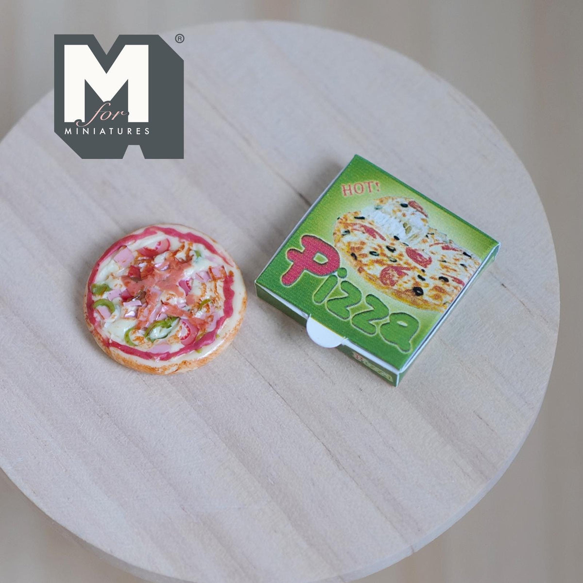 1:12 Scale Miniature Pizza with Box, 7/8 inch dia., DIY Dollhouse Supply