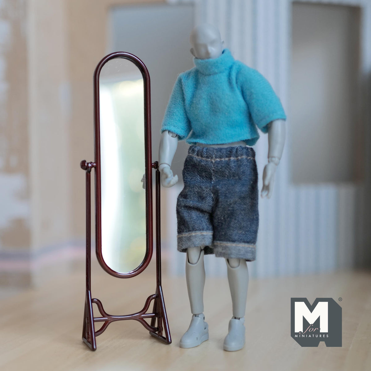 1:12 Scale Miniature Full Length Cheval Mirror, Oval, Tilting Stand, 5-3/16 inch tall, DIY Dollhouse Supply (metal) (brown)