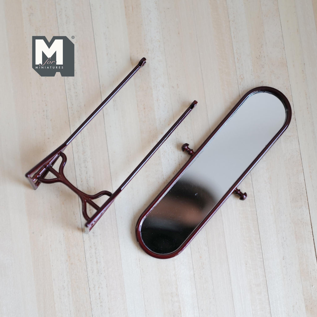 1:12 Scale Miniature Full Length Cheval Mirror, Oval, Tilting Stand, 5-3/16 inch tall, DIY Dollhouse Supply (metal) (brown)