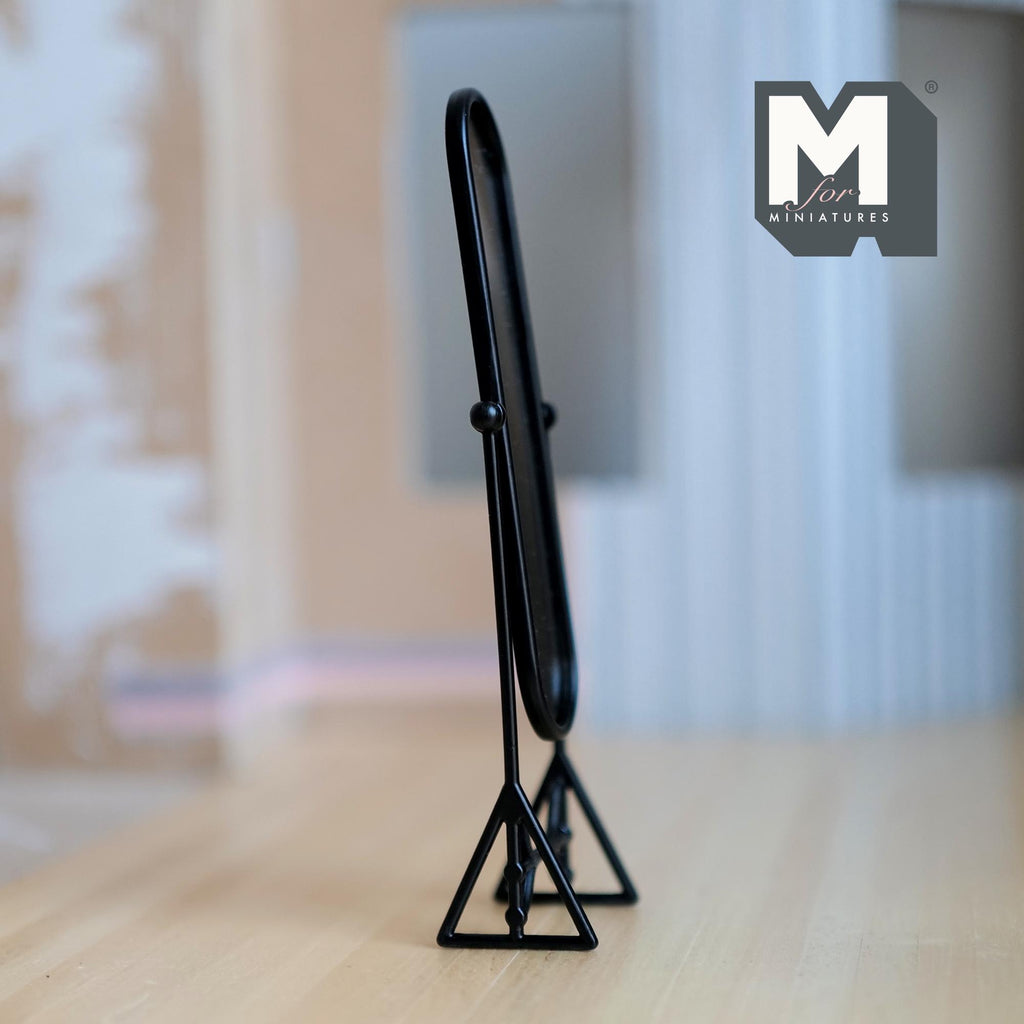 1:12 Scale Miniature Full Length Cheval Mirror, Oval, Tilting Stand, 5-3/16 inch tall, DIY Dollhouse Supply (metal) (black)