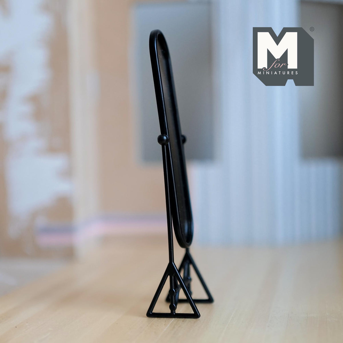 1:12 Scale Miniature Full Length Cheval Mirror, Oval, Tilting Stand, 5-3/16 inch tall, DIY Dollhouse Supply (metal) (black)
