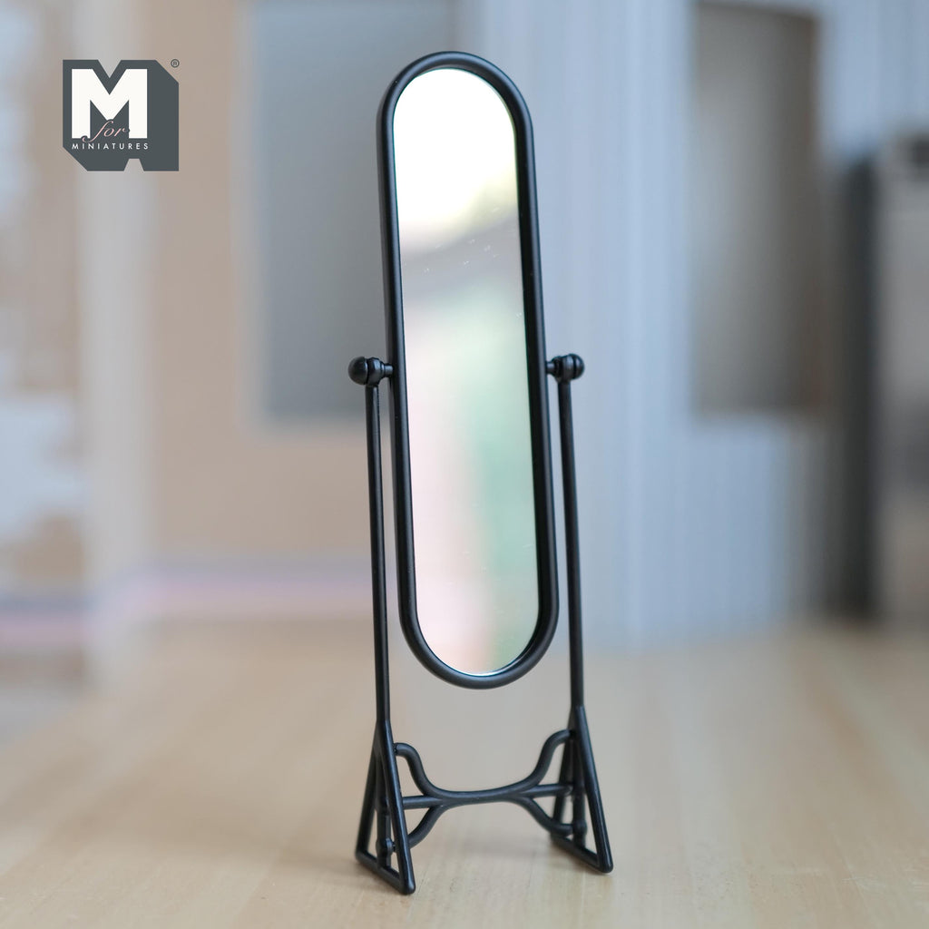 1:12 Scale Miniature Full Length Cheval Mirror, Oval, Tilting Stand, 5-3/16 inch tall, DIY Dollhouse Supply (metal) (black)