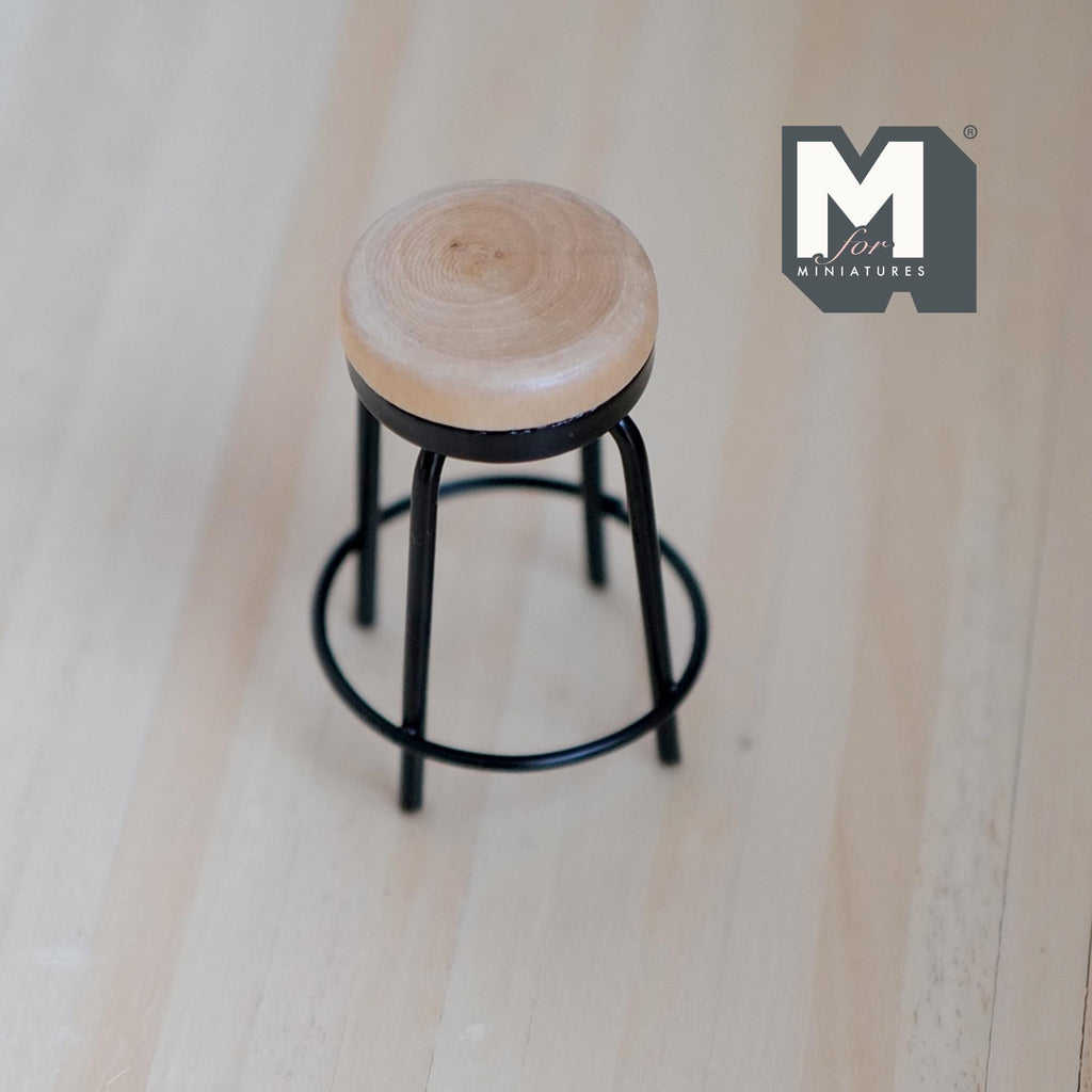 1:12 Scale Miniature Metal Bar Stool, Counter Height, Round Wood Seat, 2-1/4 inch tall, DIY Dollhouse Supply (black)