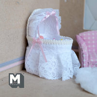 Dollhouse Children's Bed 1:12 Scale Lace Covered Cradle Baby Crib Toddler Bed Cot Bed Reutter Porcelain 3-3/8 inch long - D001