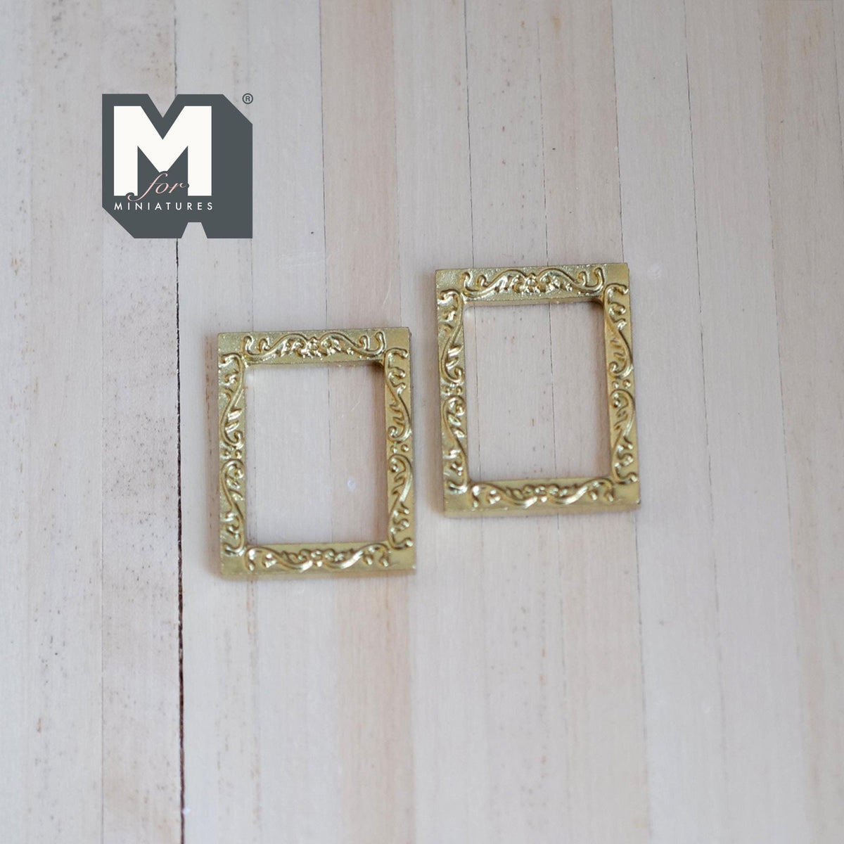1:12 Scale Miniature Ornate Picture Frames, Set of 2, 1-1/8 inch tall, DIY Dollhouse Supply (gold)