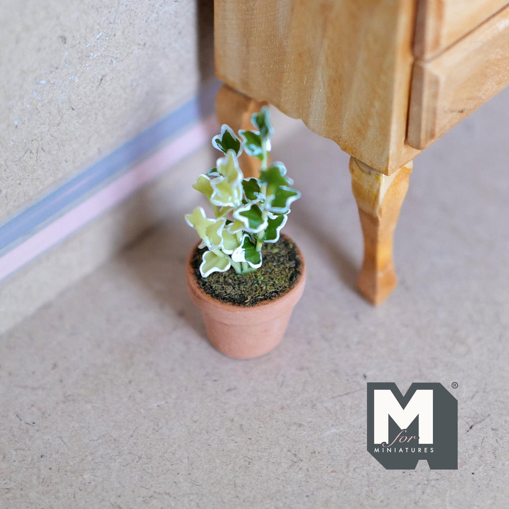 1:12 Scale Miniature Potted Ivy Plant on Stake, Variegated Leaves, Terracotta Pot, 1-3/4 inch tall, DIY Dollhouse Supply
