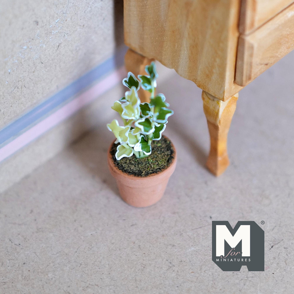 1:12 Scale Miniature Potted Ivy Plant on Stake, Variegated Leaves, Terracotta Pot, 1-3/4 inch tall, DIY Dollhouse Supply