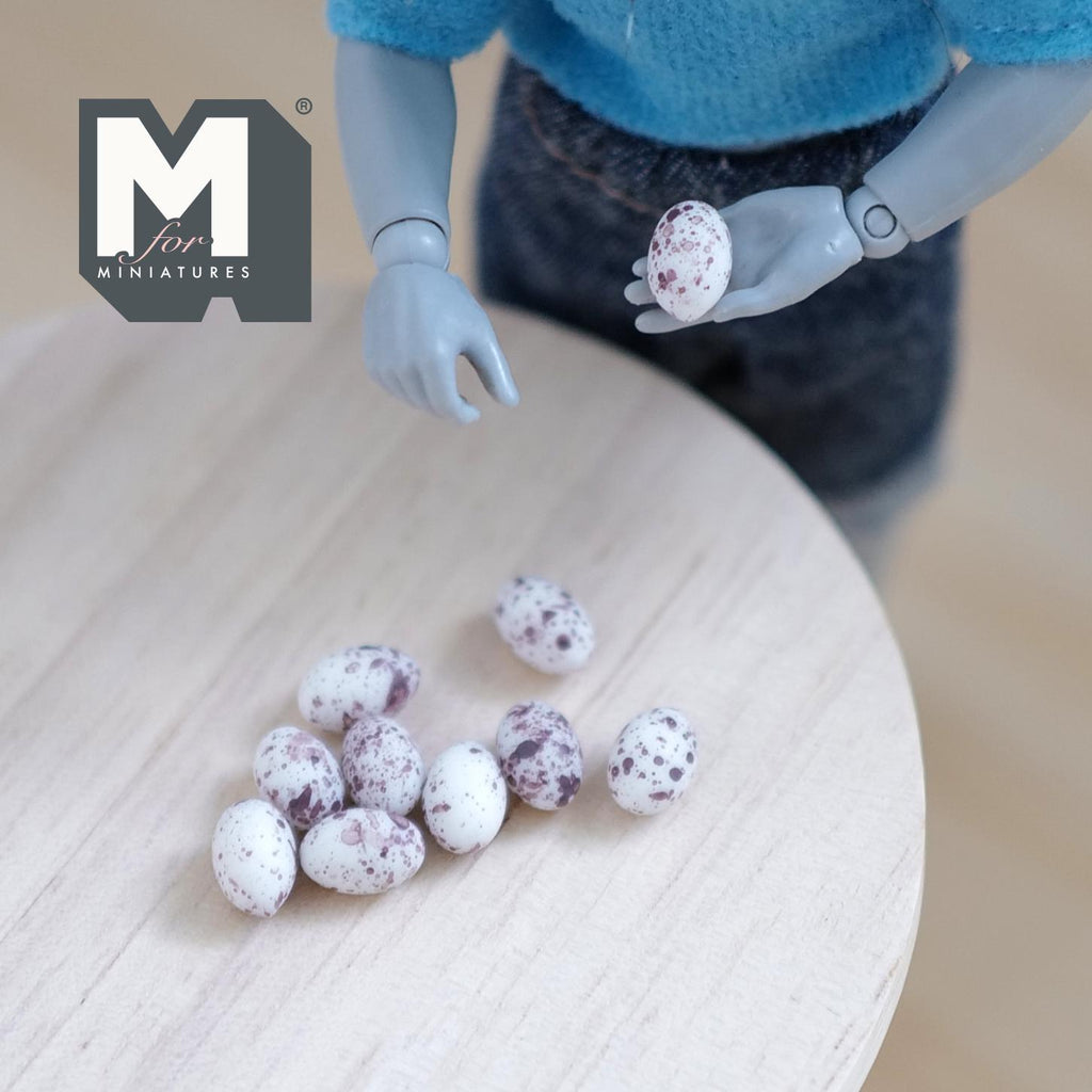 1:12 Scale Miniature Quail Eggs, Set of 10, 3/8 inch long, DIY Dollhouse Supply (resin) (non edible)