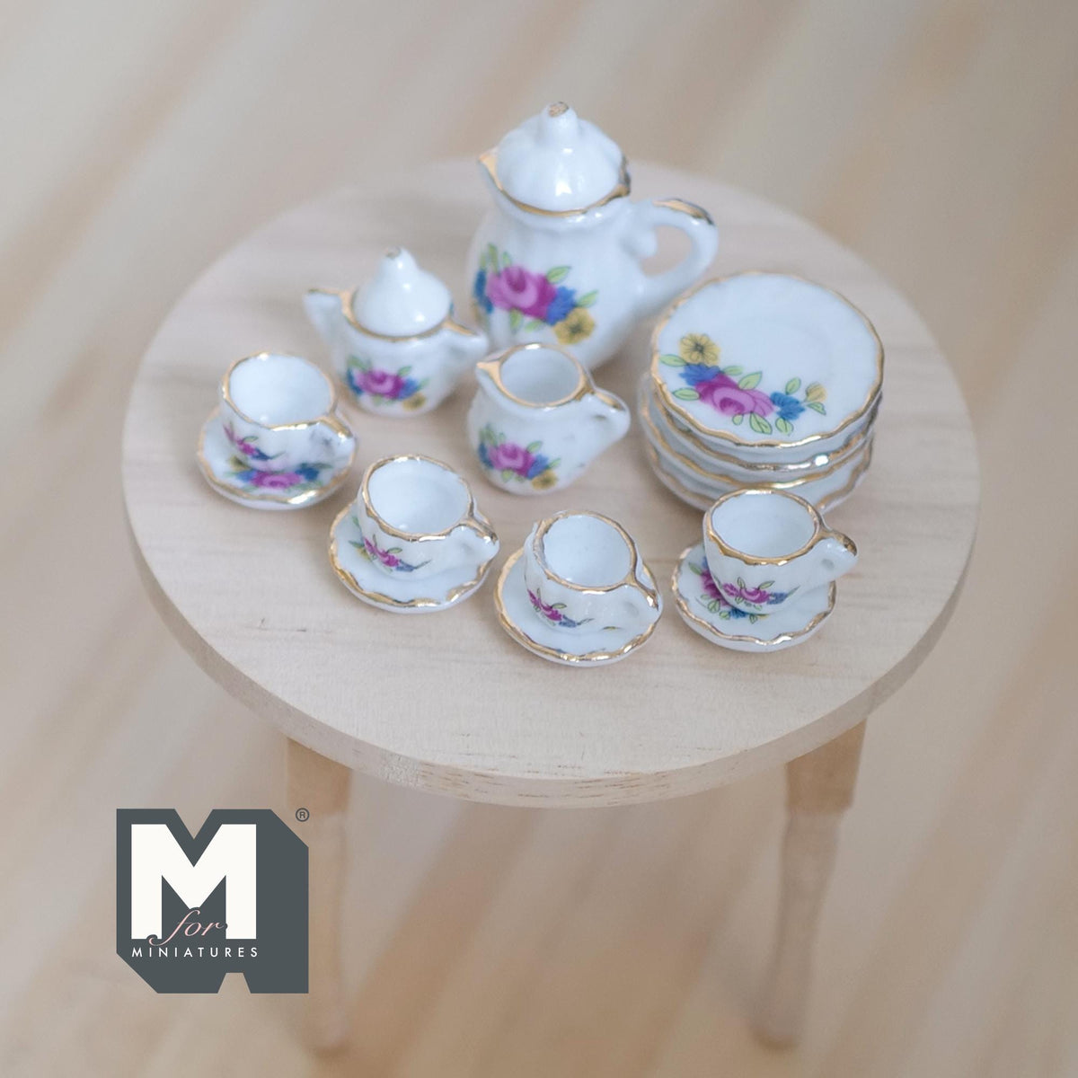 1:12 Scale Miniature Porcelain Tea Set, Floral Pattern, Set of 15, DIY Dollhouse Supply